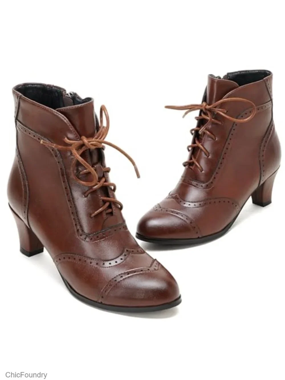 Vintage Victorian Lace Up Ankle Boots Block Chunky Heel Side Zipper Women